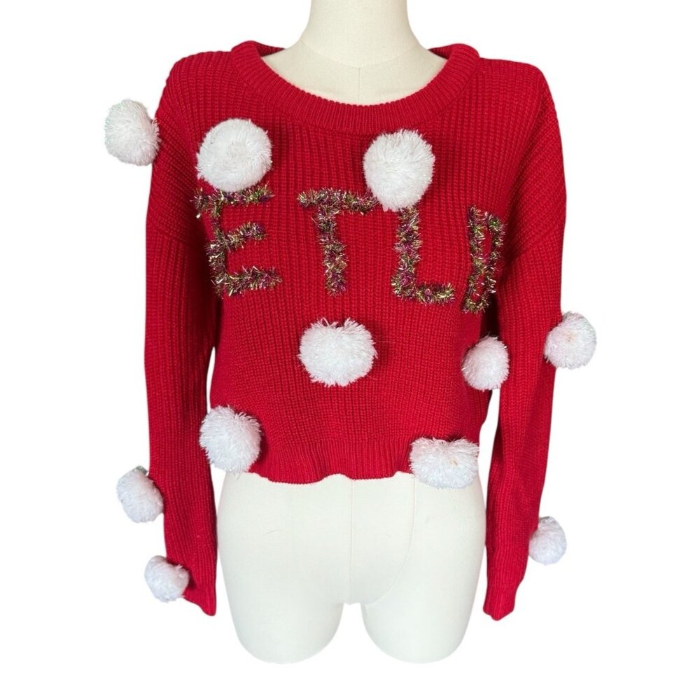 Spencer's Workshop Red "Get Lit" Christmas Crop Sweater Pom Poms Women's Sz M